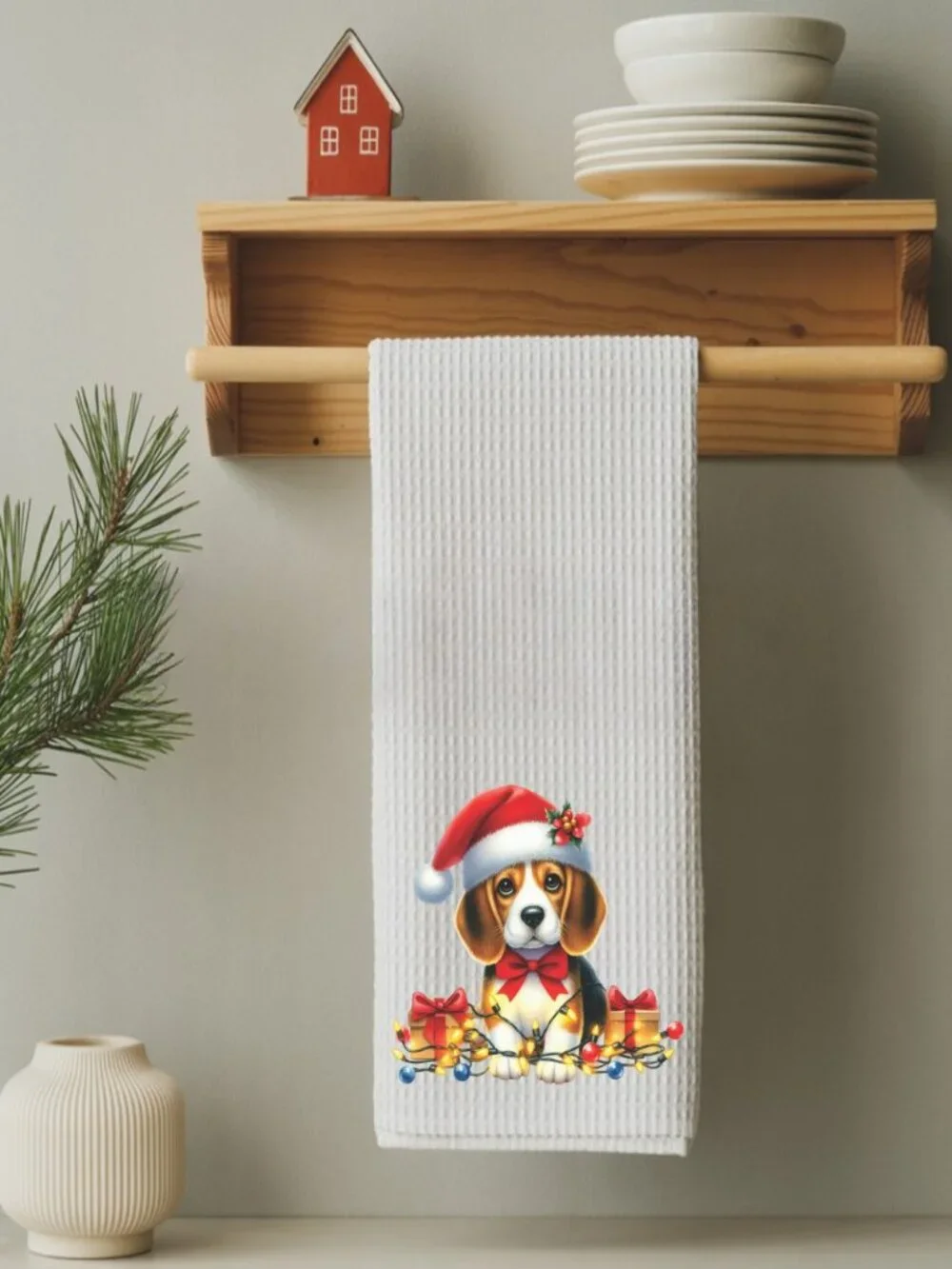 Beagle Christmas Lights Decorative Kitchen Tea Towel